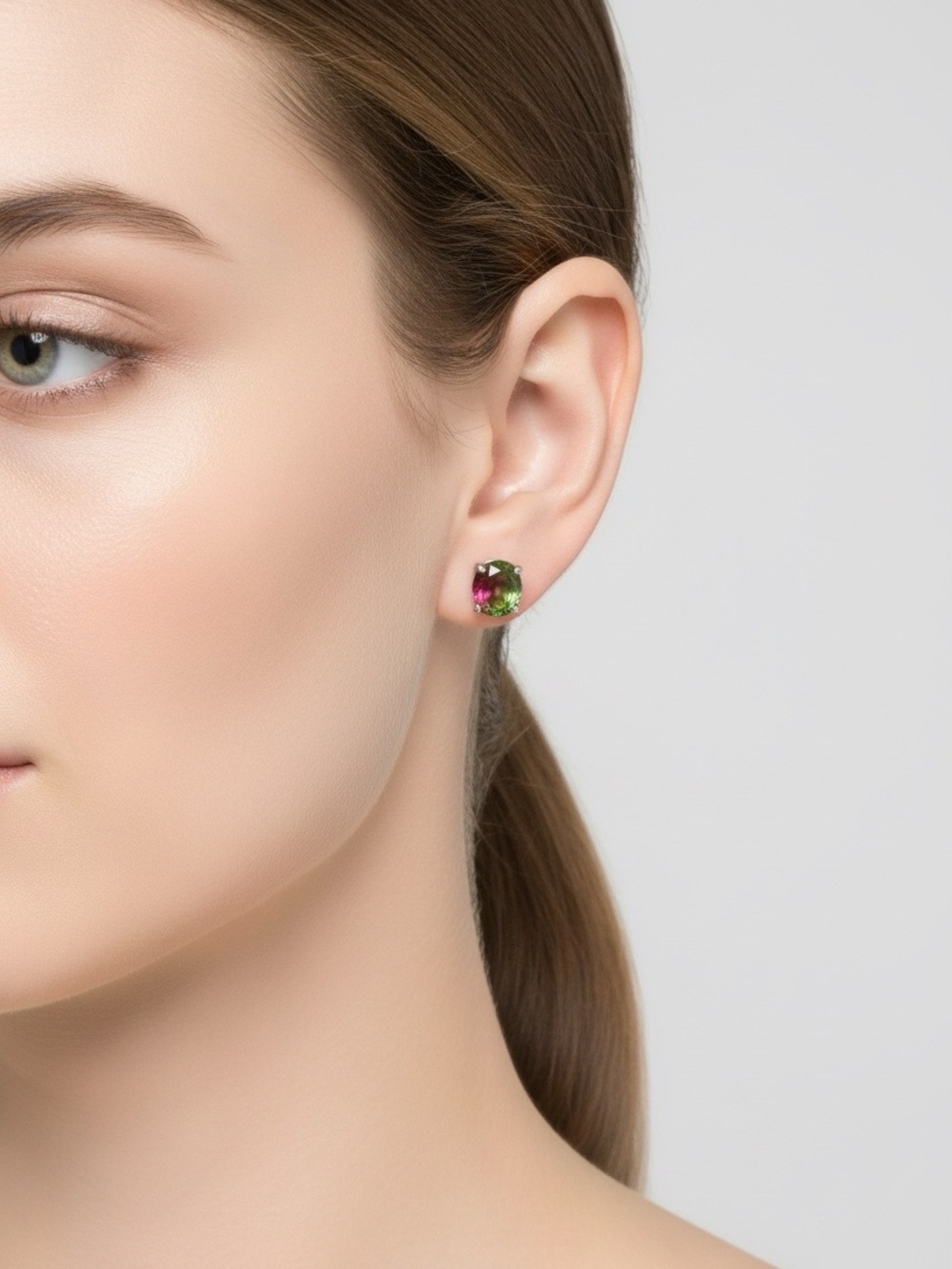 Sterling Silver Round Watermelon Tourmaline Earrings - Picture 4 of 5